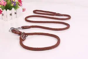 Detailed view of brown nylon braided P-chain dog leash with leather reinforcements