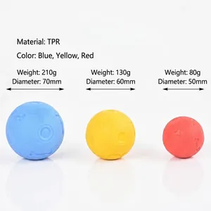 Durable TPR pet chew balls in three sizes with 50mm, 60mm, and 70mm diameters. Pet toys.