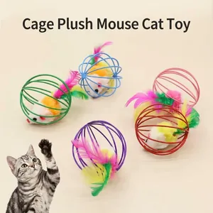 Palla Giocattolo Interattiva per Gatti in Gabbia di Filo Verniciato Colorato Con Topo di Peluche e Coda di Piuma