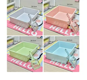 Simple open cat litter box with scoop in four pastel colors, 38x28.5x10cm dimensions.