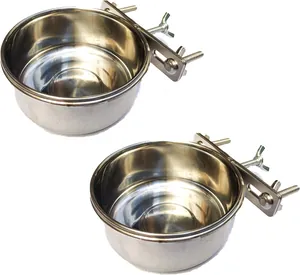 Detail of stainless steel cage-mounted pet bowl with adjustable wing bolt clamp