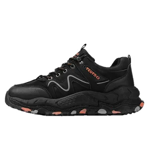 Men's black outdoor casual hiking shoes with breathable soft soles for trekking.