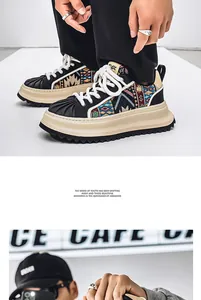 Detalle de zapatos de hombre con punta de concha, motivo étnico y suela de plataforma.