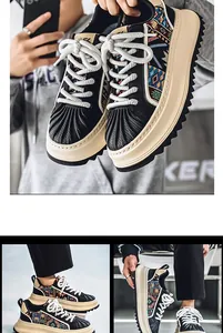 Detalle de zapatos de hombre con punta de concha, motivos étnicos y suela de plataforma