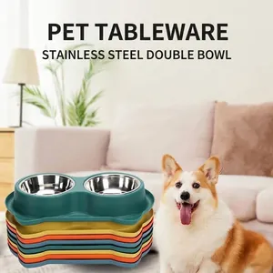 Large capacity stainless steel double pet bowl with non-slip base for dogs and cats