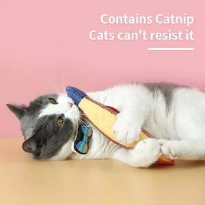 Plush fish-shaped cat toy containing catnip for interactive play and pet dental health