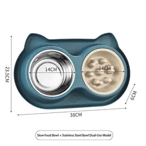 Cartoon cat-shaped double pet bowl set with slow feeder and stainless steel insert