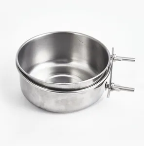 Professional grade stainless steel pet bird feeding bowl with secure cage clamp
