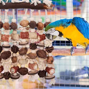 Large natural wood parrot waterfall chewing toy with macaw interaction inside birdcage