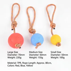Comparison of three different sizes of TPR dog chew balls with durable rope knots