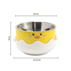 Yellow duck shaped stainless steel pet bowl for dogs and cats with size dimensions