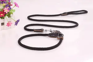 Detail of black nylon P-chain dog leash with reinforced leather stitching and metal clasp