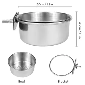 Detailed view of stainless steel bird feeding bowl with bracket and size markings