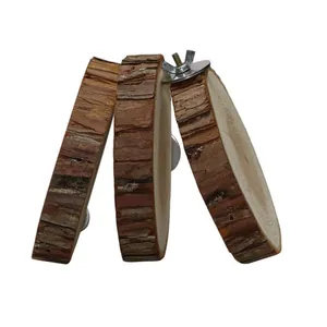 Detail view of a three-piece natural wood bird perch set with metal wing nut fixings