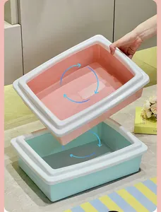 Stackable large rectangular cat litter boxes in pink and blue for easy cleaning