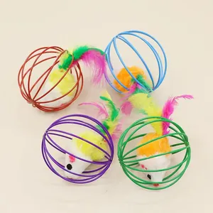 Set di 4 palline colorate per gatti con topi in peluche dentro gabbie di metallo e piume