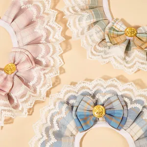 Charming lace pet collars with plaid bows and gold buttons for small cats and dogs