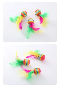Interactive rainbow EVA cat toy balls with colorful feathers for active play, set of three
