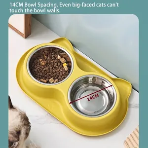 Large capacity double stainless steel pet bowls for cats and dogs with yellow non-slip base