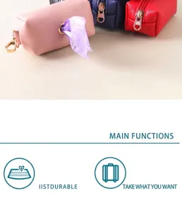 Portable PU leather pet poop bag dispenser pouch with durable zipper and clip attachment.