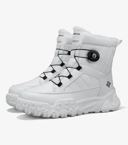 Detail of white men's outdoor snow boots with warm fleece lining and rotating buckle.
