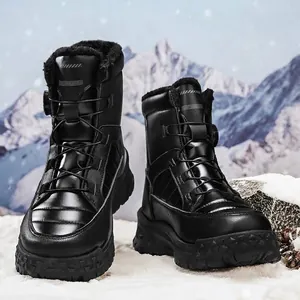 Durable men's black outdoor snow boots with warm fleece lining and rotary lacing system