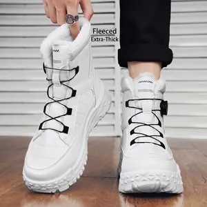 Men's white outdoor winter snow boots with warm plush lining and black buckle details
