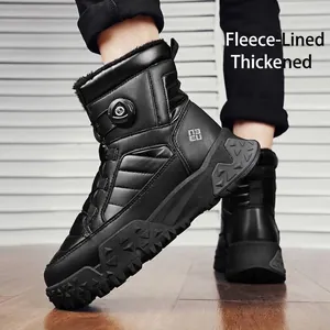 Men's outdoor black winter snow boots with fleece lining and adjustable knob buckle