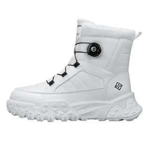Men's white outdoor insulated snow boots with rotary buckle and chunky anti-slip sole