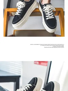 Detailed side view of black Harajuku style canvas sneakers with thick white soles