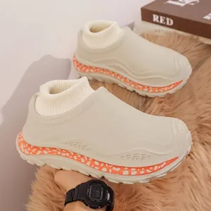 Winter Warm Fleece Lined Cotton Slippers For Women Men EVA Waterproof Thick Sole Closed Toe House Shoes Knitted Cuff Anti-Slip Indoor Outdoor Home Slippers