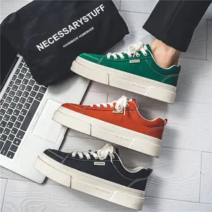 Men's Harajuku style thick-sole canvas sneakers in green orange and black colors