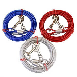 Heavy duty double-ended steel wire pet tie-out cables in red blue and silver colors