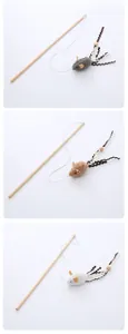 Detailed view of plush mouse cat teaser wand toy with wooden stick and lace tails