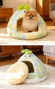 Cozy monster-shaped semi-enclosed pet bed for small dogs with soft plush cushion detail