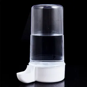 Detail view of a clear acrylic automatic waterer for pet birds and Rutin chickens.
