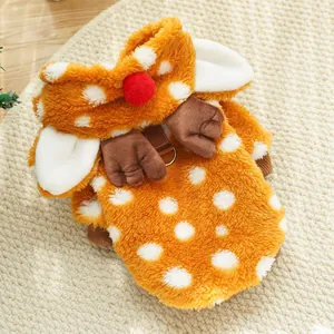 Detailed view of plush reindeer pet costume with soft white spots and antlers