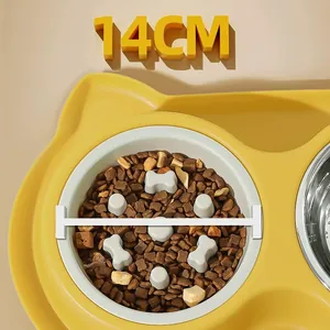 Écuelle anti-glouton jaune en forme de chat avec un bol intérieur de 14 cm de large