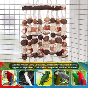 Natural wood and corn cob shredding toy for large and medium parrots in a bird cage.