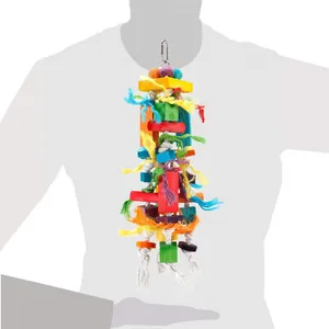 Large colorful wooden parrot chewing toy hanging with cotton ropes for bird cage