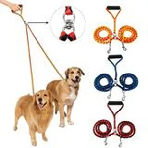 Double dog leash coupler with padded handle available in orange, blue, and red colors
