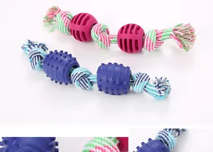 Durable double-knot cotton rope dog toy featuring textured TPR rubber balls for molar cleaning
