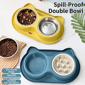 Anti-slip stainless steel double pet bowl set with slow feeder for cats and dogs