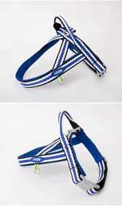Detailed view of blue striped dog harness with breathable mesh and sturdy buckle
