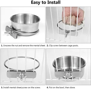Step-by-step installation guide for stainless steel parrot food bowl on cage.