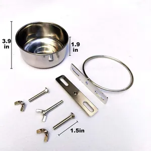 Detail view of stainless steel hanging pet bowl with mounting hardware dimensions