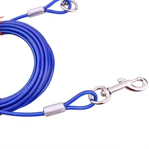 Close-up of durable blue steel wire pet tie-out cable with heavy-duty metal clip