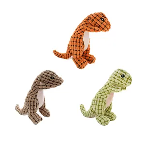Durable squeaky plush dinosaur dog toys for interactive play, set of three colors.