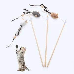 Interactive Wooden Rod Cat Teaser Wand with Plush Mouse Pendant and Elastic String Fun Indoor Play Toy for Cats and Kittens