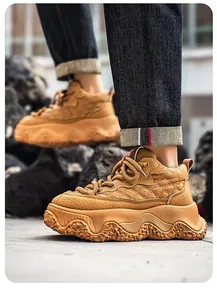 Close-up detail of high-top warm leather outdoor casual chunky sneakers with thick wavy soles